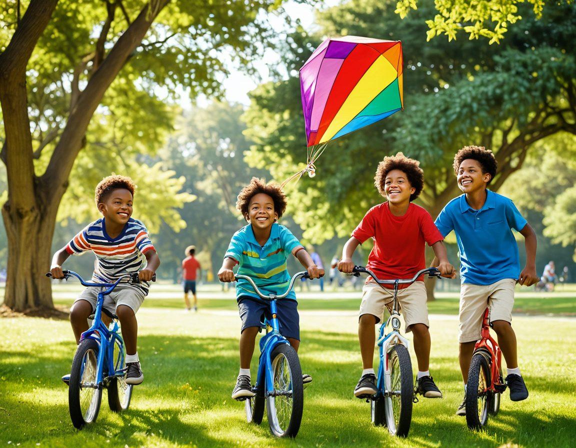 A vibrant scene depicting a diverse group of joyful boys engaging in playful activities outdoors, laughter and friendship in their eyes. They could be flying kites, riding bicycles, or playing soccer in a sunny park filled with colorful flowers and greenery. Sunlight filters through the trees, casting soft shadows and highlighting their happy expressions. The overall atmosphere radiates warmth and joy, capturing the essence of youthful camaraderie. super-realistic. vibrant colors. sunny day.