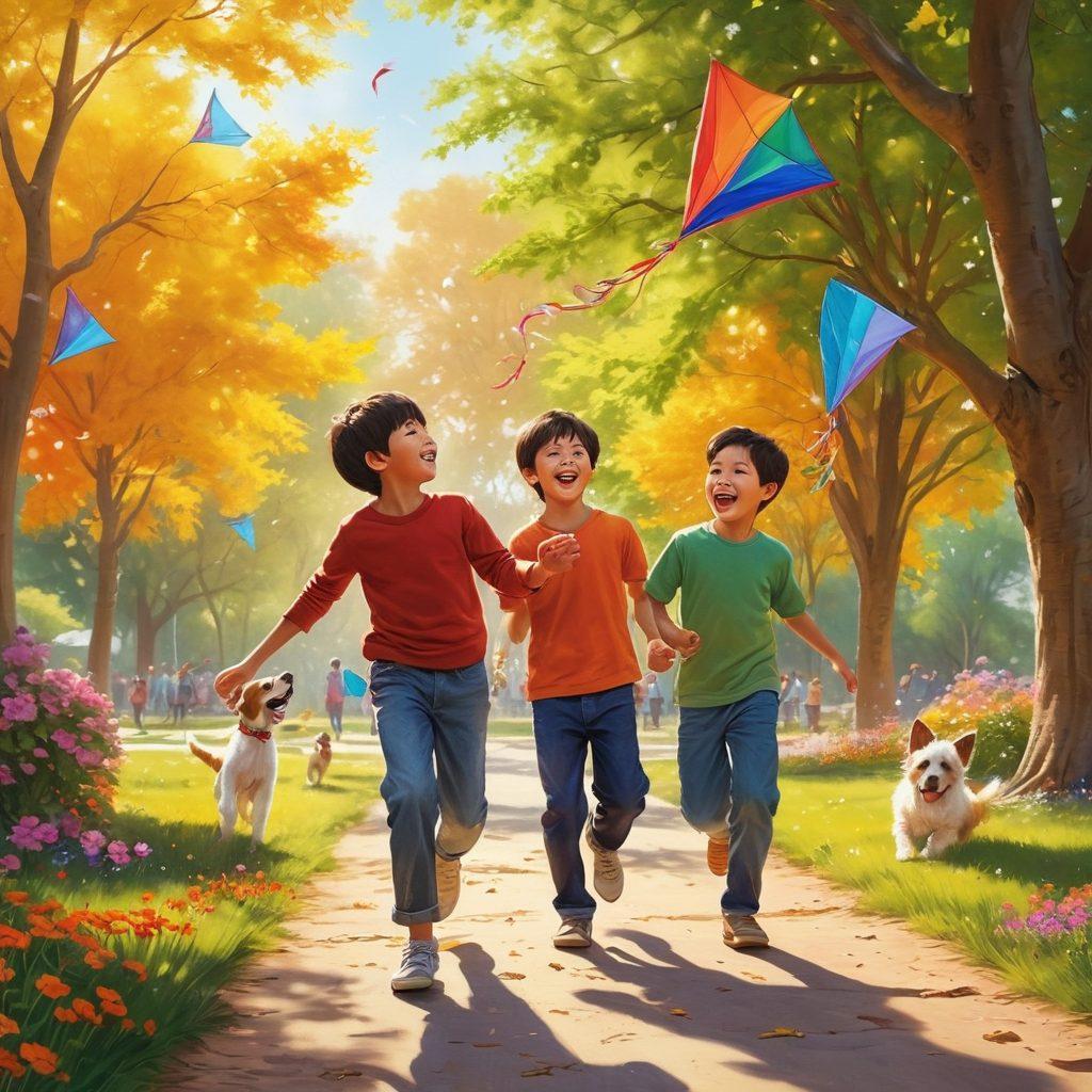 A lively scene of a group of boys playing together in a sunny park, laughing and engaging in playful activities like flying kites and playing tag, surrounded by colorful trees and flowers. Include a playful puppy joining in the fun to enhance the warmth and joy in the image. Capture genuine expressions of camaraderie and happiness. vibrant colors. super-realistic.