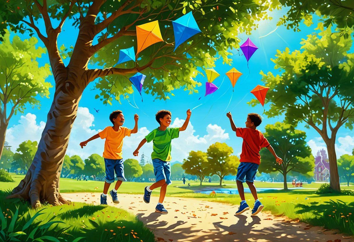 A heartwarming scene of boys playing together in a sun-drenched park, capturing moments of laughter, friendship, and joy. They are engaged in various playful activities like flying kites, playing tag, and sharing a picnic, all under a sunny blue sky. Include colorful kites, a picturesque tree, and glowing facial expressions to convey their exuberance. Playful and cheerful atmosphere, showcasing innocence and camaraderie. bright colors. vibrant, digital painting.